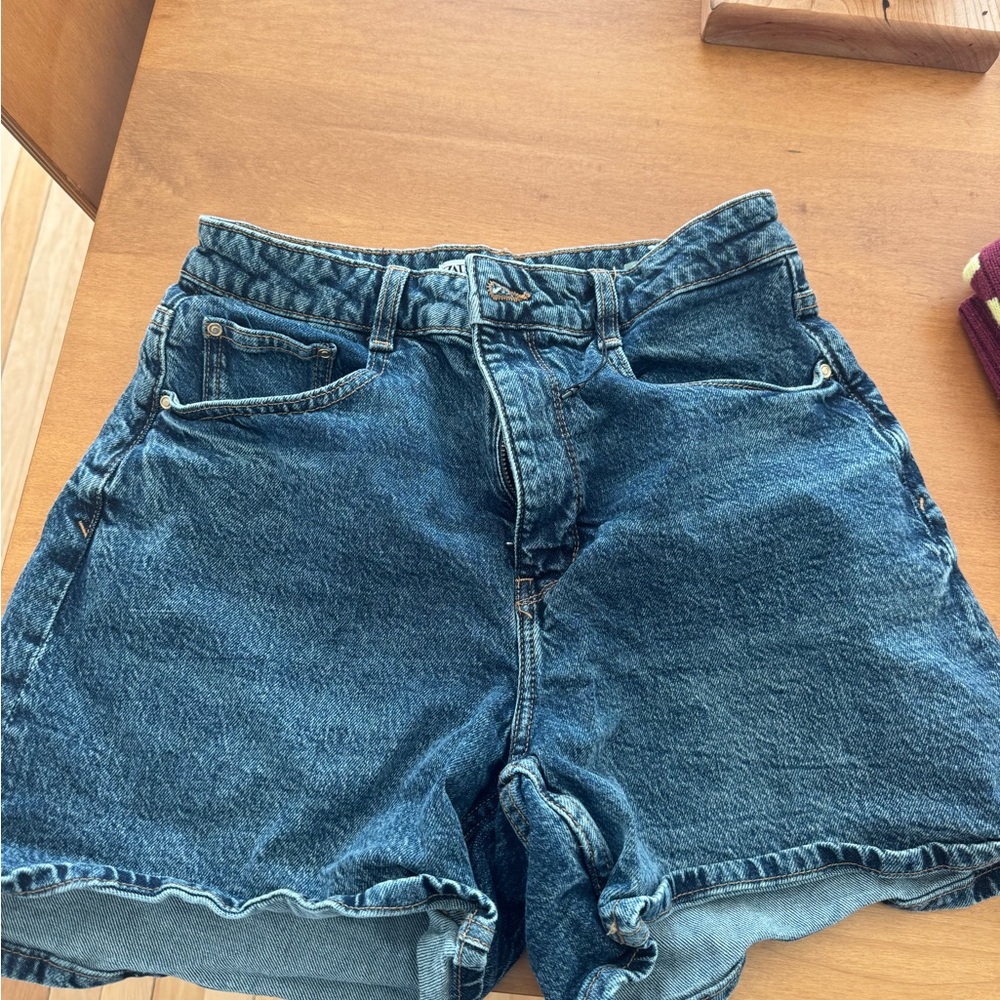 Zara Dark Blue High-Rise Denim Shorts
